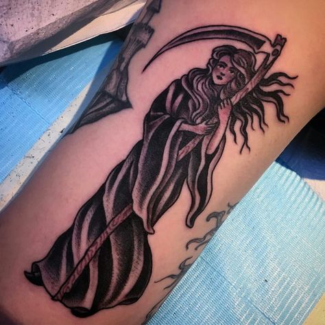 Lady Reaper, Female Grim Reaper, Traditional Tattoo Woman, Grim Reaper Tattoo, Reaper Tattoo, Heather Bailey, Grim Reaper, Ink Art, Traditional Tattoo