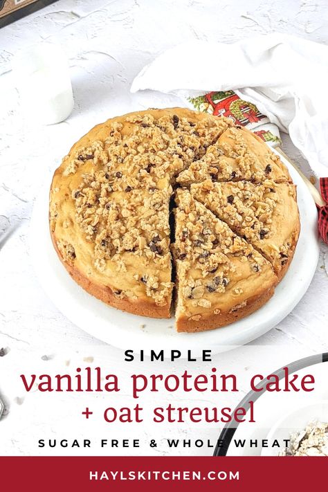 A super easy and simple Vanilla Protein Cake topped with an Oat Streusel – the perfect high protein cake recipe for a birthday or just a dessert. Made with whole wheat flour and vanilla protein powder, this protein cake is healthy and sugar-free too! Protein Breakfast Cake, Protein Powder Cake Recipe, High Protein Cake, Vanilla Protein Cake, Protein Powder Cake, Protein Cake Recipe, Protein Cake Recipes, High Protein Desserts, Protein Cake