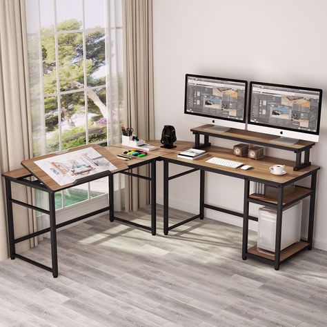 Both side of this double corner computer desk are the same length. 70.8’’ x 23.6’’ offer plenty of room to place monitors, printer, laptop or other essential accessories. Defining your workspace however you need. معطر جو, Desk With Monitor Stand, Reka Bentuk Dalaman, Desk With Monitor, Desk Diy, Corner Computer Desk, Drafting Table, Inbox Zero, Monitor Stand