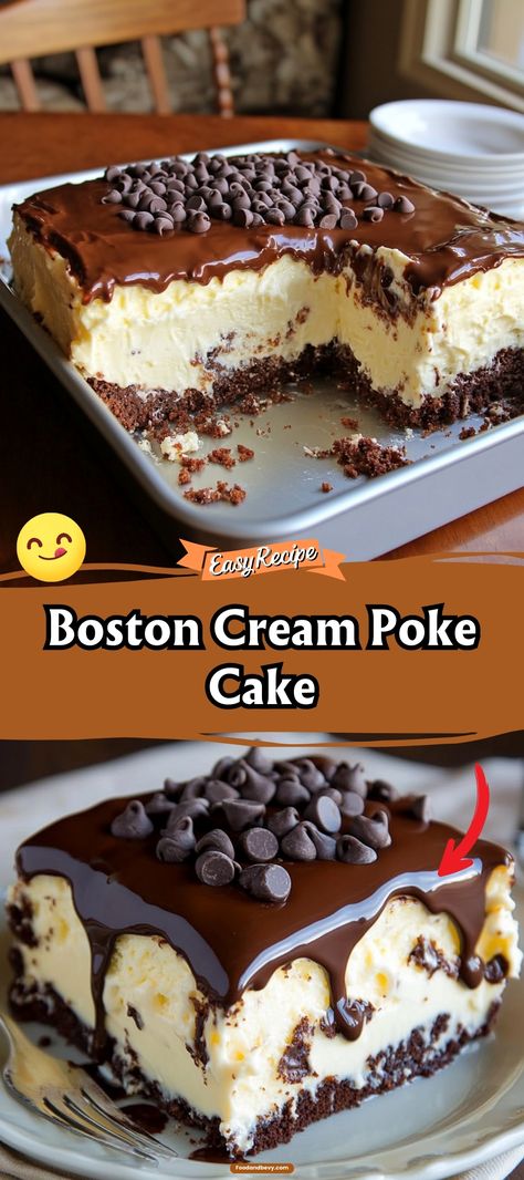 Experience the classic flavors of Boston cream pie in this easy poke cake. Moist vanilla cake soaked with creamy custard and topped with rich chocolate glaze—dessert perfection made simple. #BostonCream #PokeCake #ChocolateLovers Boston Cream Poke Cake Recipe, Boston Cream Pie Poke Cake, Boston Cream Poke Cake, Cream Poke Cake, Boston Cream Cake, Easy Desserts Recipes, Espresso And Cream, Moist Vanilla Cake, Boston Cream Pie