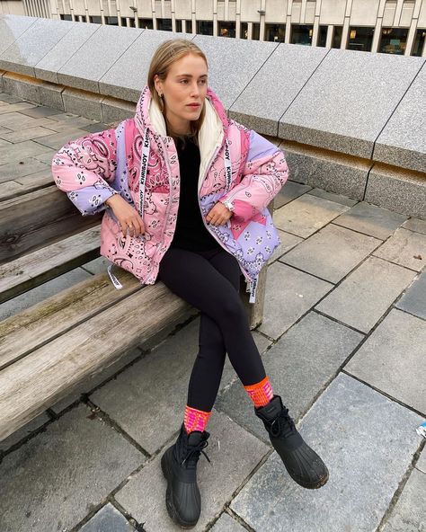 Annabel Rosendahl, Pink Puffer Jacket For Winter Streetwear, Pink Bandana Puffer Jacket, Winter Pink Outerwear With Cartoon Print, Print Coat Outfit, Pink Fall Streetwear Outerwear, Bandana Puffer Jacket, Pink Winter Outerwear With Cartoon Print, Annabel Rosendahl Instagram