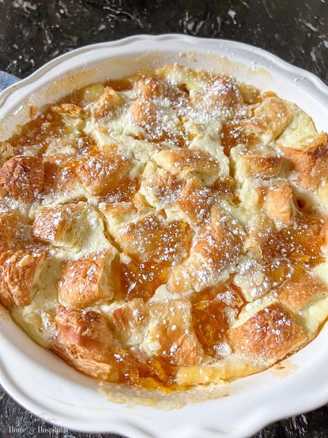 Croissant Breakfast Casserole with Orange Marmalade Orange Croissant, Cream Cheese Custard, Croissant Breakfast Bake, Croissant Breakfast Casserole, Flaky Croissants, Orange Marmalade Recipe, Delicious Breakfast Casserole, Cream Cheese Crescent Rolls, Marmalade Recipe