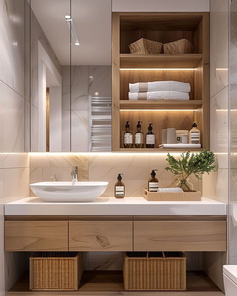 Elegant Bathroom Vanity, Ideas Baños, Bathroom Aesthetics, Bathroom Interior Design Modern, Functional Bathroom, Modern Bathroom Ideas, Small Bathroom Interior, Elegant Vanity, Oak Bathroom