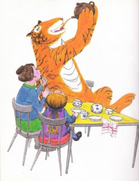 The Tiger Who Came to Tea, by Judith Kerr, 1968. Drinking Tea Illustration, Tiger Who Came To Tea, World Book Day Ideas, Writing Picture Books, Tea Illustration, Tea And Books, Childhood Books, Cat Character, A Tiger