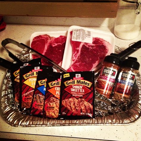 Gift idea for men- grill set, steaks, steak seasoning and marinade. Housewarming Gifts For Men, Gifts For Men Christmas, Fathers Day Gift Basket, Birthday Present For Husband, Birthday Cake For Husband, New Birthday Cake, Birthday Presents For Dad, Diy Projects For Men, Cake For Husband