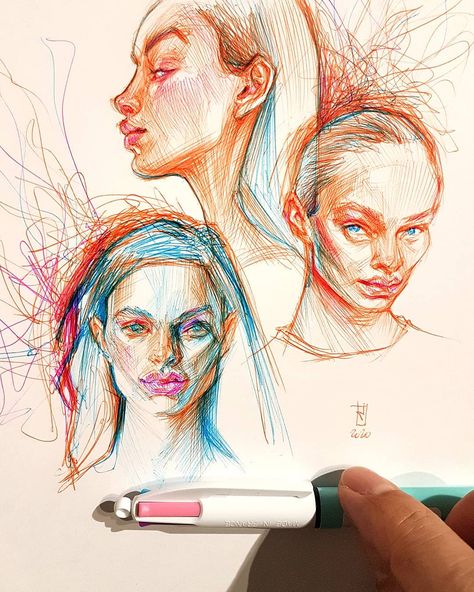 Colored Face Drawing, Colored Ballpoint Pen Drawing, Pen Drawing Color, Colored Pen Drawing, Potret Drawing, Ballpoint Pen Art Sketches, Ballpoint Pen Drawing Sketches, Colored Pen Art, Color Pen Drawing