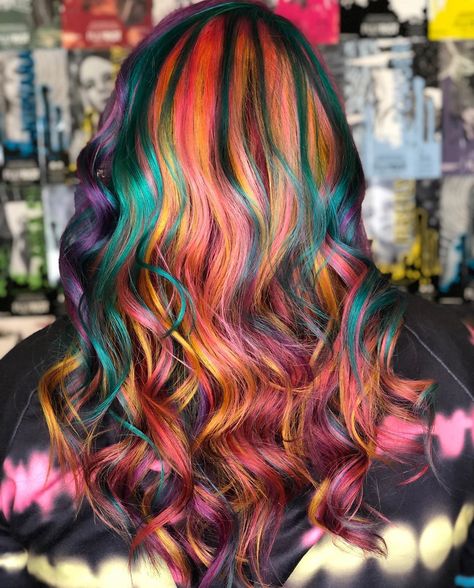 Teesha Watkins Hopper @hairbyteeshawatkins @pulpriothair” rainbow Hair 🌈 pink orange yellow teal blue purple streaks highlights Streaks Highlights, Teal Highlights, Purple Streaks, Teal Hair, Pink Orange Yellow, Yellow Hair, Teal Orange, Halloween Hair, Rainbow Hair