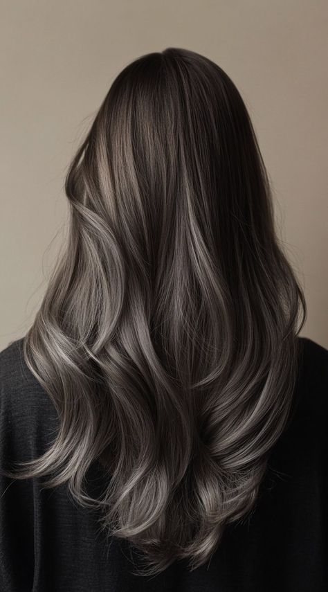 Top 31 Winter Hair Colors for Brunettes: Stylish Ideas to Keep You On-Trend This Season Cool Grey Brown Hair, Green Brunette Hair, Mushroom Brown Grey Hair, Brown And Ash Hair, Dark Blonde Hair Cool Tone, Ash Gray Highlights On Black Hair, Cool Tone Highlights On Dark Hair, Grey Highlights On Black Hair, Mushroom Brown Hair Color Balayage Dark