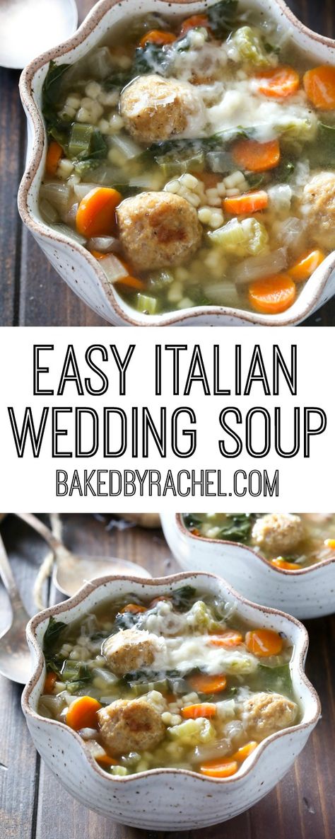 Easy slow cooker Italian wedding soup recipe from @bakedbyrachel A hearty dinner! Wedding Soup Recipe, Slow Cooker Italian, Italian Wedding Soup Recipe, Soup Ideas, Tasty Meatballs, Fall Soup, Wedding Soup, Italian Foods, Italian Recipes Easy