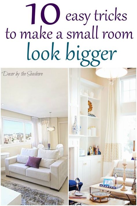 I had no idea it was so easy to make a small room look bigger! These easy tricks are so helpful for small home living! | decorbytheseashore.com Paint Colors To Make A Room Look Bigger, Small Room Look Bigger, Room Look Bigger, Renovation House, Easy Tricks, Design Techniques, Selling Tips, Steamer Trunk, Modern Farmhouse Living Room