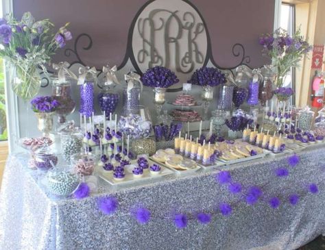 Purple & Gray Dessert Table for bridal shower idea www.MadamPaloozaEmporium.com www.facebook.com/MadamPalooza Purple Candy Buffet, Wedding Candy Table, Lila Party, Buffet Dessert, Purple Birthday Party, Purple Bridal Shower, Buffet Ideas, Candy Station, Purple Candy