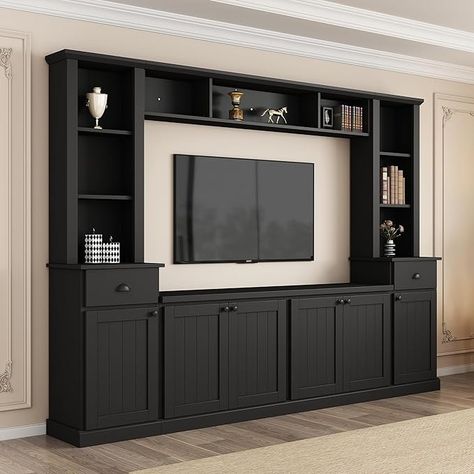 Amazon.com: RuiSiSi Modern Entertainment Wall Unit Set with Bridge for TVs Up to 75'', Wood Media Console Cabinet with Adjustable Shelves,Minimalist Living Room Storage Bookshelf Set, Black : Home & Kitchen Black Entertainment Center Decor, Modern Entertainment Wall, Table With Bookshelves, Black Tv Unit, Black Entertainment Centers, Shelves Minimalist, Storage Bookshelf, Wood Media Console, Cabinet For Living Room