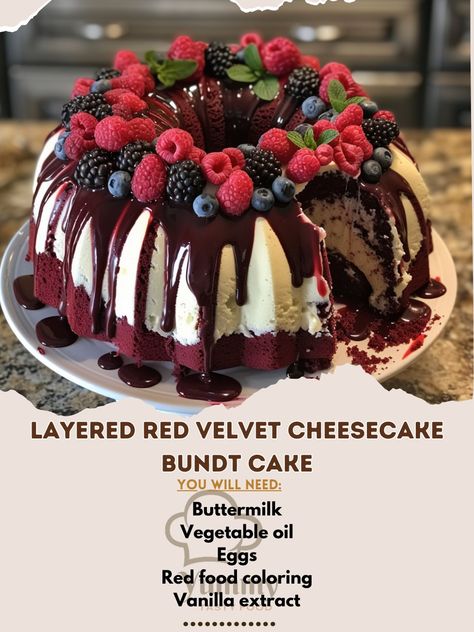 🍰🍫 Embrace elegance with a Layered Red Velvet Cheesecake Bundt Cake! Decadent, eye-catching, perfect for any celebration. #RedVelvetRevolution #CheesecakeLove Layered Red Velvet Cheesecake Bundt Cake Recipe This stunning cake features layers of rich red velvet and creamy cheesecake, all encased in a beautiful bundt shape. Ingredients: For the red velvet cake: All-purpose flour: 250g Sugar: 300g Unsweetened cocoa powder: 15g Baking soda: 5g Salt: 5g Buttermilk: 240ml Vegetable oil: 120ml E... Layered Red Velvet Cheesecake Bundt Cake, Bundt Cheesecake, Cheesecake Bundt Cake, Cheesecake Mixture, Bunt Cake Recipe, Velvet Desserts, Red Velvet Cheesecake Cake, Mini Bundt Cakes Recipes, Christmas Bundt Cake