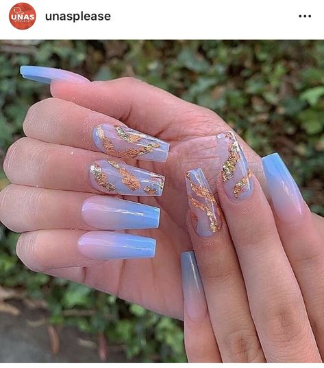 Sky Blue Ombré with Gold Flakes Blue And Gold Nails, Blue Coffin Nails, Unghie Sfumate, Purple Acrylic Nails, Lilac Nails, Shape Nails, Fantasy Nails, Nails Ombre, Blue Acrylic Nails