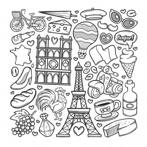 France hand drawn doodle coloring | Premium Vector #Freepik #vector #travel #hand #hand-drawn #doodle Doodle Wall, Arte Doodle, Sketch Note, Doodle Art Flowers, Doodle Art Drawing, Outline Designs, Doodle Coloring, Quilling Paper, Kawaii Doodles