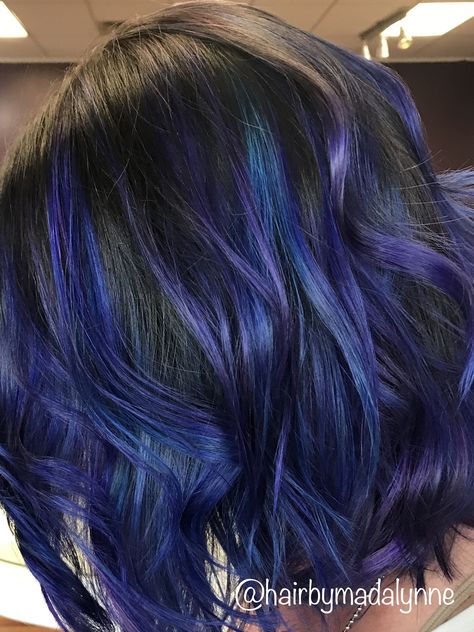 Vibrant Blue Indigo Hair! Balayage Technique! #hair #haircolor #hairgoals Black And Blue Ombre Hair Short, Black Hair With Blue Tips Ombre, Indigo Ombre Hair, Indigo Highlights Brown Hair, Short Indigo Hair, Dark Blue Balayage Hair Brunettes, Indigo Balayage, Blue Purple Balayage, Dark Indigo Hair