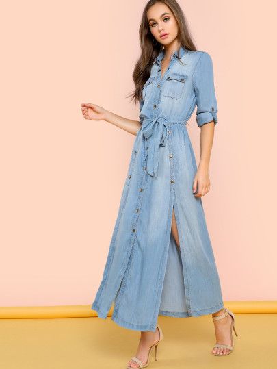 Shop Denim Button Front Maxi Dress With Side Slits online. SheIn offers Denim Button Front Maxi Dress With Side Slits & more to fit your fashionable needs. Wed Leg, Long One Piece, Vestidos Jeans, Denim Chambray Dress, Button Front Maxi Dress, Blue Jean Dress, Moda Denim, Denim Maxi Dress, Dress Jeans