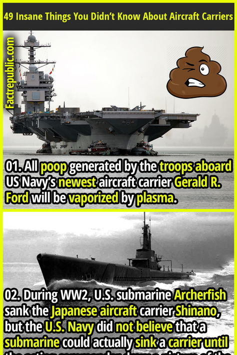 01. All poop generated by the troops aboard US Navy’s newest aircraft carrier Gerald R. Ford will be vaporized by plasma. #usa #america #unitedstates #navy #army #military Ford Aircraft Carrier, British Aircraft Carrier, Navy Carriers, Titanic History, Fact Republic, Navy Aircraft Carrier, Navy Army, Aircraft Carriers, New Aircraft