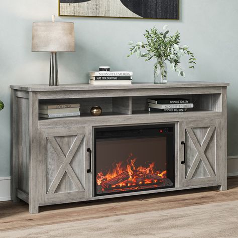 Wood Electric Fireplace, Electric Fireplace Tv, Media Entertainment Center, Electric Fireplace Tv Stand, Fireplace Tv Stand, Open Shelves, Electric Fireplace, Entertainment Center, Barn Door