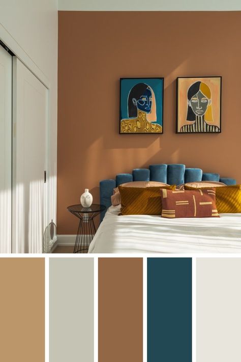 Tan Bedroom Walls, Terra Cotta And Blue, Terra Cotta Living Room, Bright Bedroom Decor, Earth Tone Bedroom, Bright Bedroom, Bold Bedroom, Blue Wall Colors, Tan Walls