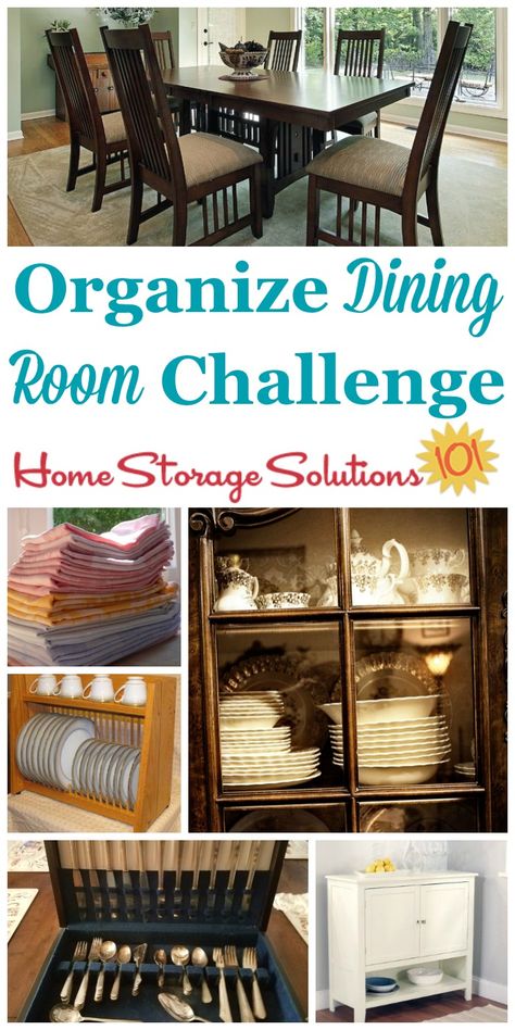 Step by step instructions for how to organize your dining room, including common items found in this space such as china, silver, and table linens {part of the 52 Week Organized Home Challenge on Home Storage Solutions 101} Repurpose Dining Room, Dining Room Cabinet, Household Management, Organized Home, Home Storage Solutions, Dining Room Storage, Creative Storage, Organizing Tips, Organize Declutter