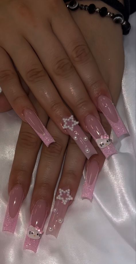 Pink Nails With Hello Kitty Charms, Solid Color Nails With Charms, Pink Nails With Charms, Retro Nails, Hello Nails, Airbrush Nails, Girly Acrylic Nails, Hello Kitty Nails, Classy Acrylic Nails