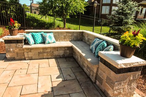 Built In Garden Seating, Backyard Seating Area, Backyard Fireplace, Backyard Seating, Stone Bench, Patio Garden Design, Backyard Fire, Paver Patio, Backyard Makeover