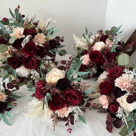 Burgundy & Ivory White Rose and Eucalyptus Wedding Bouquet, Burgundy Wedding Flower, Burgundy Silk Flower Wedding, Bridal Bridesmaid Bouquet - Etsy Black Cream And Burgundy Wedding, Maroon Wedding Bouquet Burgundy, Bouquet With Burgundy Dress, Wine And Blush Wedding Flowers, Burgundy Bridesmaid Flowers, Burgundy Blush And Sage Bouquet, Burgundy And Green Wedding Cake, Maroon Bridesmaid Bouquet, Wedding Bouquets February