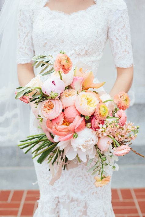 Blush Pink And Coral Wedding, Blush Bouquet Wedding, Gorgeous Wedding Bouquet, Spring Wedding Bouquets, Peony Wedding, Wedding Flowers Summer, Spring Weddings, Coral Wedding, Peach Wedding