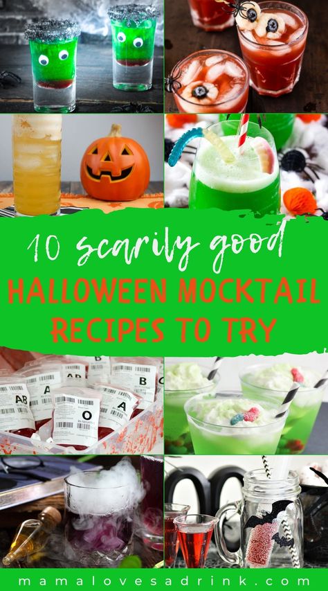 Virgin Halloween Cocktails, Fun Halloween Drinks Non Alcoholic, Spooky Non Alcoholic Drinks, Halloween Virgin Drinks, Virgin Halloween Drinks, Mocktail Recipe Halloween, Nonalcoholic Halloween Drinks, Halloween Themed Drinks Non Alcoholic, Hocus Pocus Drinks For Kids