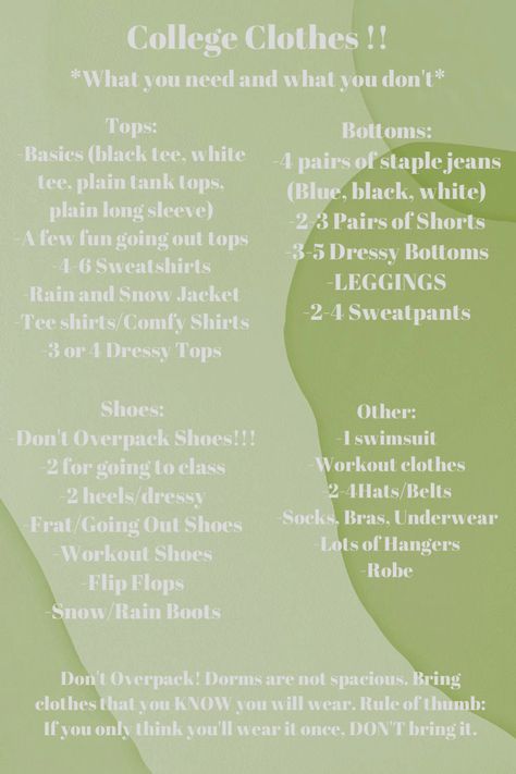 University Clothes List, Packing Clothes For College, Dorm Clothes Packing List, Clothes Necessities List, College Freshman Outfits, College Clothes Packing List, Clothes To Bring To College, Clothes To Pack For College, Clothing Necessities