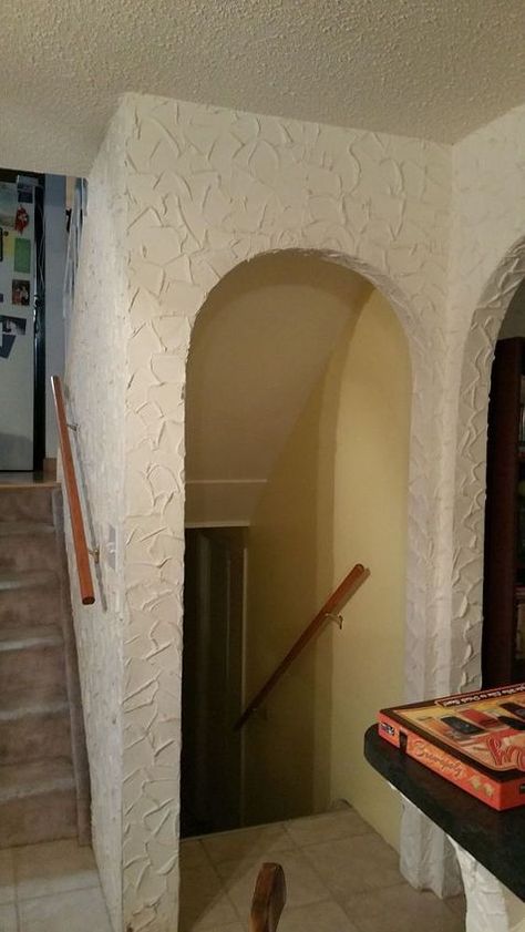 Remove textured walls? | Hometalk Stucco Interior Walls, Wall Removal, Plaster Texture, Gray Chalk Paint, Cement Walls, Staircase Wall, Stucco Walls, Wall Closet, Basement Walls