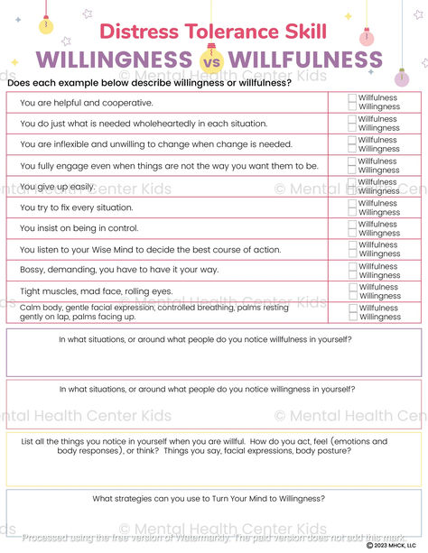 DBT Willingness vs Willfulness Worksheet for Kids and Teens Dbt Activities, Distress Tolerance Skills, Anger Management Worksheets, Counseling Worksheets, Self Esteem Worksheets, Distress Tolerance, Dbt Skills, Mental Health Activities, Border Line