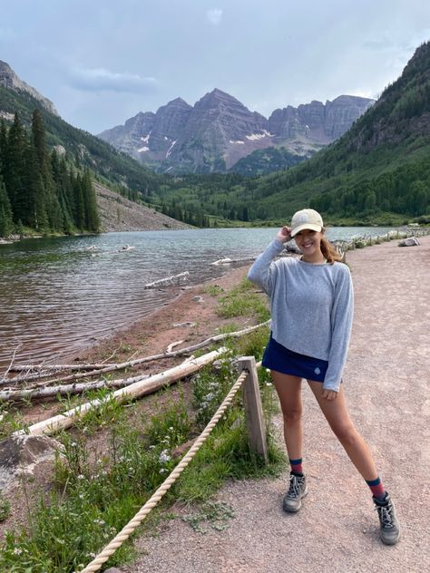 Skirt Hiking Outfit, Hoka Hiking Boots Outfit, Shorts And Hiking Boots Outfit, Skort Hiking Outfit, Hiking Boot With Skirt, Colorado Hiking Outfit Summer, Modest Hiking Outfit Skirts, Black Hiking Boots Outfit, Hiking Skirt Outfit