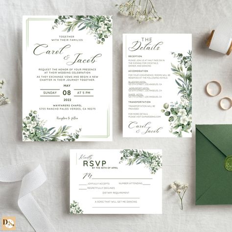 Sage green wedding invitation template, Editable wedding invite suite, Green wedding details card, Minimalist wedding invitation set Canva by DigitalsbySurprezaPH on Etsy Green Wedding Invitation Template, Green Wedding Details, Wedding Invite Suite, Invite Suite, Minimalist Wedding Invitation, Wedding Details Card, Sage Green Wedding, Green Wedding Invitations, Minimalist Wedding Invitations