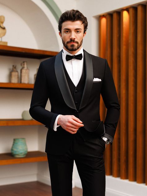 Black Slim-Fit Tuxedo 3-Piece Men Tuxedo Wedding, Tuxedo For Men Wedding, Tuxedo Suit For Men, Black Tuxedos, Wedding Suits Men Black, Blazer Waistcoat, Groom And Groomsmen Suits, Wedding Tux, Stylish Mens Suits