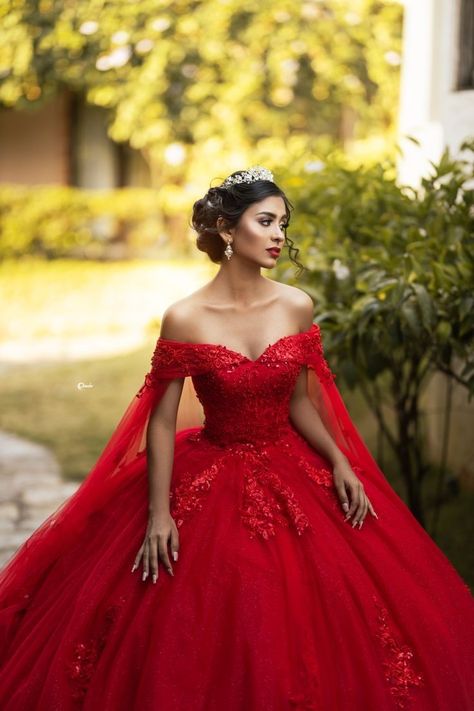 Red Xv Dresses Cinderella, Red Glitter Quinceanera Dress, Red Gown For Debut, Xv Dresses Red, Red Xv Dresses, Quincenera Dress, Red Quince Dress, Red Prom Gown, Princess Dress Red