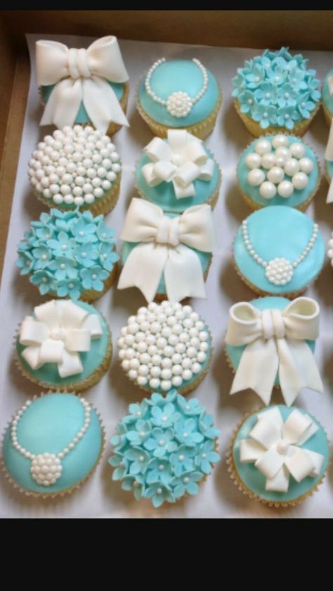 Birthday cupcakes decor ideas, birthday cupcakes decorating inspo, cute birthday cupcakes, cute cupcakes, cupcakes decorating ideas, cupcakes decor inspo Breakfast Party Decorations, Tiffany Blue Sweet 16, Tiffany Sweet 16, Tiffany Theme Party, Tiffany Blue Party, Breakfast At Tiffanys Party Ideas, Pearl Cupcakes, Tiffany Themed Bridal Shower, Tiffany Birthday Party