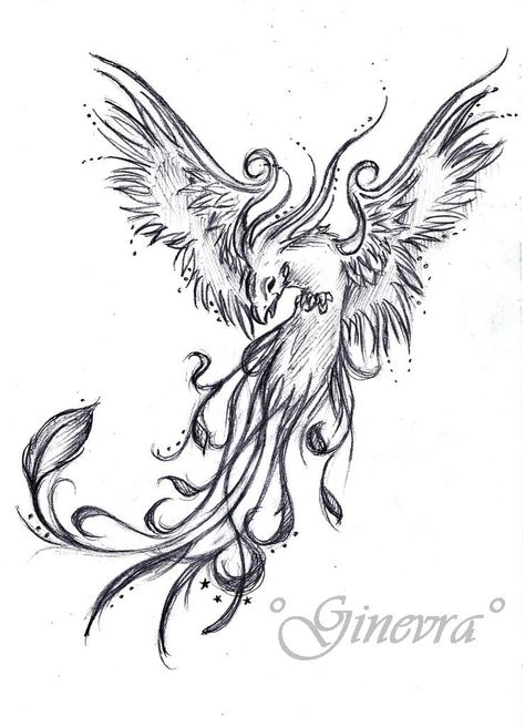 Phoenix tattoo - I would have it like this, but probably in black, dark blue, or blue-silver on the back of my neck. Rising Phoenix Tattoo, Phoenix Drawing, Phönix Tattoo, Phoenix Tattoos, Phoenix Tattoo Design, 4 Tattoo, Tattoos Geometric, Geniale Tattoos, Phoenix Tattoo