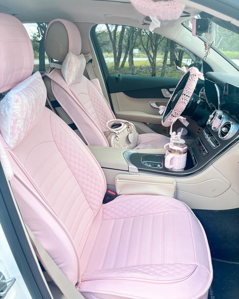 Late night post 🩷✨🍁🌸🎀 Pink Truck Interior, Pink Car Ideas, Coquette Car Interior, Pink Car Inside, Inside Car Aesthetic, Cute Car Interior Ideas, Truck Interior Ideas, Car Decor Pink, Pink Chevy Trucks