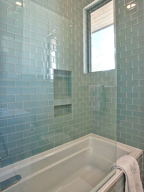 Glass Subway Tile Bathroom, Glass Tile Bathroom, Bath Surround, Subway Tile Showers, Country Modern Home, Subway Tiles Bathroom, Window In Shower, Bad Inspiration, Glass Subway Tile