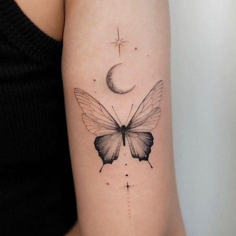 Moon With Butterfly Tattoo, Moon Butterfly Tattoo, Celestial Butterfly Tattoo, Butterfly On Moon Tattoo, Butterfly Moon Tattoo Design, Butterfly Tattoo On Arm, Moon Flower Butterfly Tattoo, Chihuahua Tattoo, First Time Tattoos