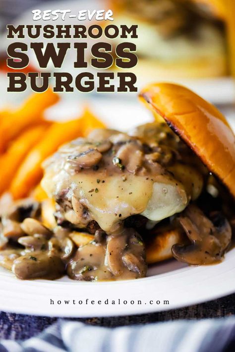 Talk about a show-stopper of a burger! This incredible Mushroom Swiss Burger is insanely delicious. A perfectly seasoned juicy burger topped with melty Swiss cheese and luxurious mushroom sauce!  To die for!  Get the complete recipe with ALL-NEW VIDEO on the blog! Mushroom Swiss Burger Sauce, Mushroom Swiss Burger Recipe, Swiss Burger, Mushroom Swiss Burger, Juicy Burger, Best Burger Recipe, Mushroom Burger, Creamy Mushroom Sauce, Burger Sauce