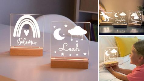 Personalised Night Light, Cricut Bedroom Decor, Acrylic Night Light, Night Light Ideas, Personalized Night Lights, Boho Baby Gifts, Rainbow Night Light, Diy Vinyl Projects, Toy Gift Guide