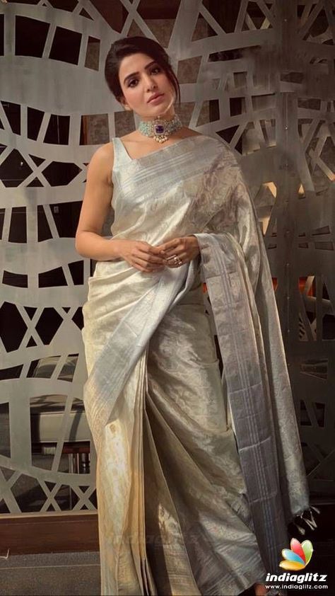 25 Grey Silk Saree Blouse Designs - Candy Crow Silver Saree, Indian Sari Dress, Sari Dress, Kanjivaram Silk Saree, Indian Saree Blouse, Indian Saree Blouses Designs, Silk Saree Blouse Designs, Saree Blouse Patterns, White Saree