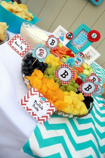 food Dr Suess First Birthday, Dr Seuss First Birthday Party, Baby Shower Ideas For Twins, Dr Seuss Birthday Party Ideas, Dr Suess Baby, Lorax Birthday, Lorax Party, Doctor Suess Birthday, Dr Seuss Party Ideas