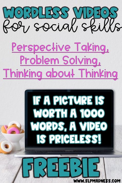 Your students will love these wordless videos to work on social skills and language formulation. Grab this wordless video for social skills resource for free. For your students working on social inferences, thinking about thinking, problem solving, narrative skills, and perspective taking, you will love adding these videos to your speech therapy and social skills groups. Wordless videos are great for narrative language skills too. Get this digital no prep resource for free. Social Language Speech Therapy, Wordless Videos, Iep Accomodations, Expressive Language Activities, Social Skills Videos, Therapy Inspiration, Social Skills Lessons, Social Skills For Kids, Perspective Taking