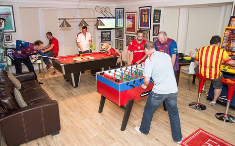 Fifteen finalists who have splashed out thousands of pounds on building innovative games rooms in their homes are competing for the crown of 'Games Room of the Year 2015' Kids Hangout Room, Games For Party, Home Party Ideas, Garage Game Rooms, Arcade Room, Hangout Room, Recreational Room, Game Room Basement, Home Bar Design