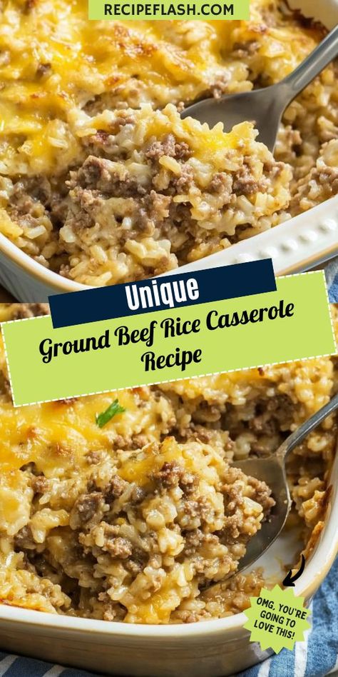 Dive into comfort with this Ground Beef Rice Casserole Recipe! Packed with savory ground beef, fluffy rice, and a medley of vegetables, it's the perfect one-dish meal for busy weeknights. Easy to prepare and even easier to love, this dish will become a family favorite in no time! French Onion Rice Ground Beef, Cheesy Ground Beef Rice Casserole, Leftover Rice And Ground Beef, Ground Beef And Instant Rice Recipes, Ground Beef And Brown Rice Recipes, French Onion Hamburger Rice Casserole, Hamburger And Rice Recipes Skillet, Ground Beef Over Rice, Rice Beef Casserole