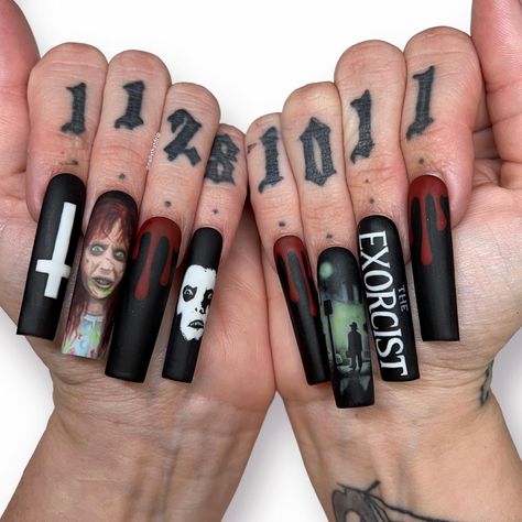 The Exorcist Nail Art, Exorcist Nail Art, The Exorcist Nails, The Conjuring Nails, Jeepers Creepers Nails, Micheal Myers Nail, Exorcist Nails, Terrifier Nails, Horror Nails Halloween